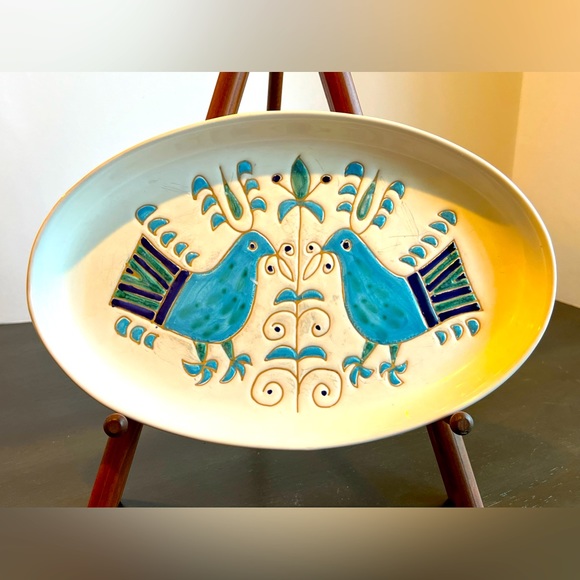 VTG CERASARDA Hand Made In ITALY LE PAVONCELLE 2 BIRD OVAL PLATE. Very Rare - Picture 1 of 5
